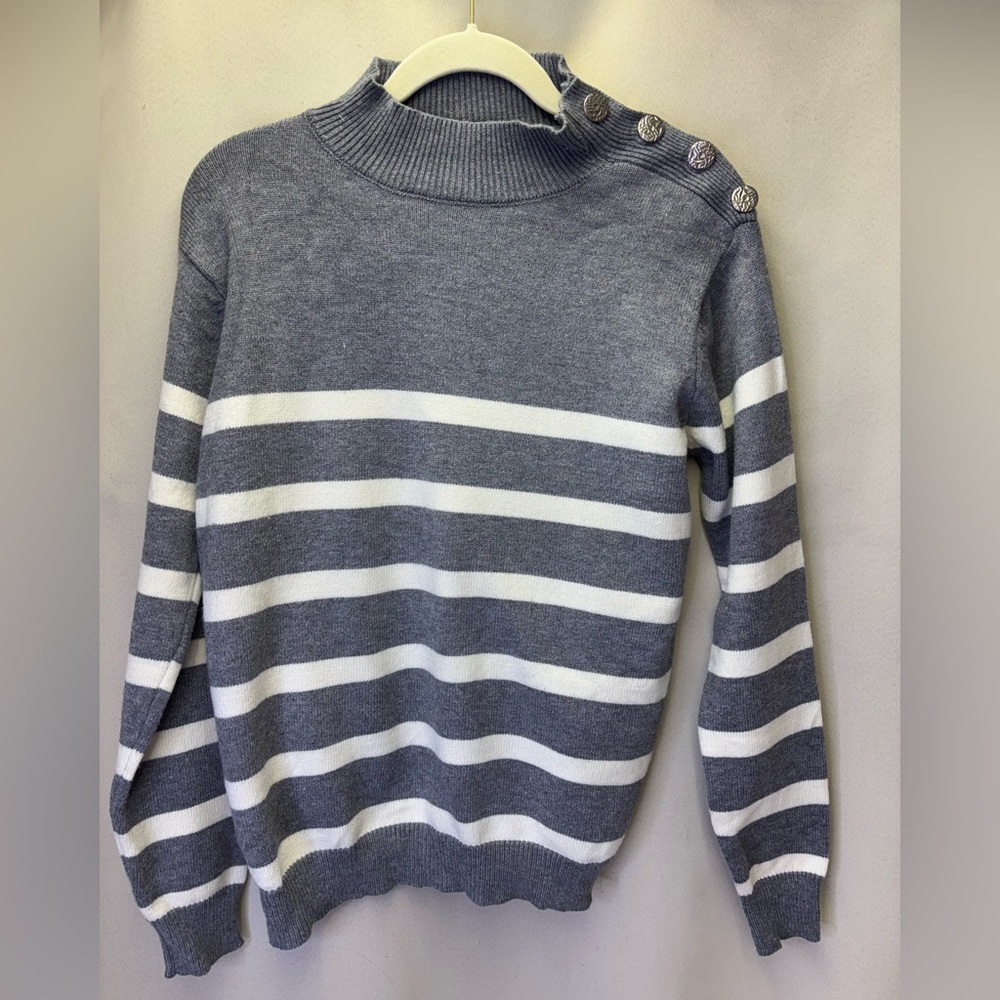 Kirundo Women’s Grey Striped Pullover Sweater Gray Mock Turtleneck Size Small